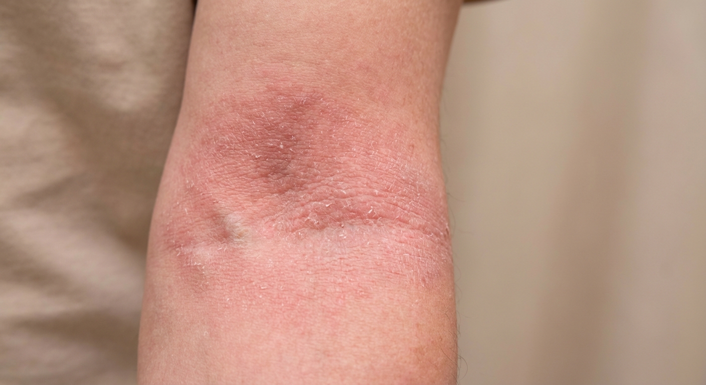 Lähivõte täiskasvanu küünarnuki siseküljest, millel on atoopiline dermatiit ehk ekseem, punetava ja kuiva ketendava nahaga