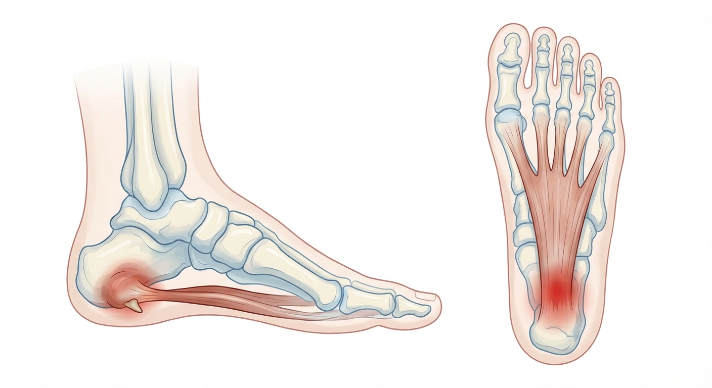 Meditsiiniline illustratsioon plantaarfastsiidist ja kukekannusest, näidates tallsidekirmet ning valu piirkonda kanna all.