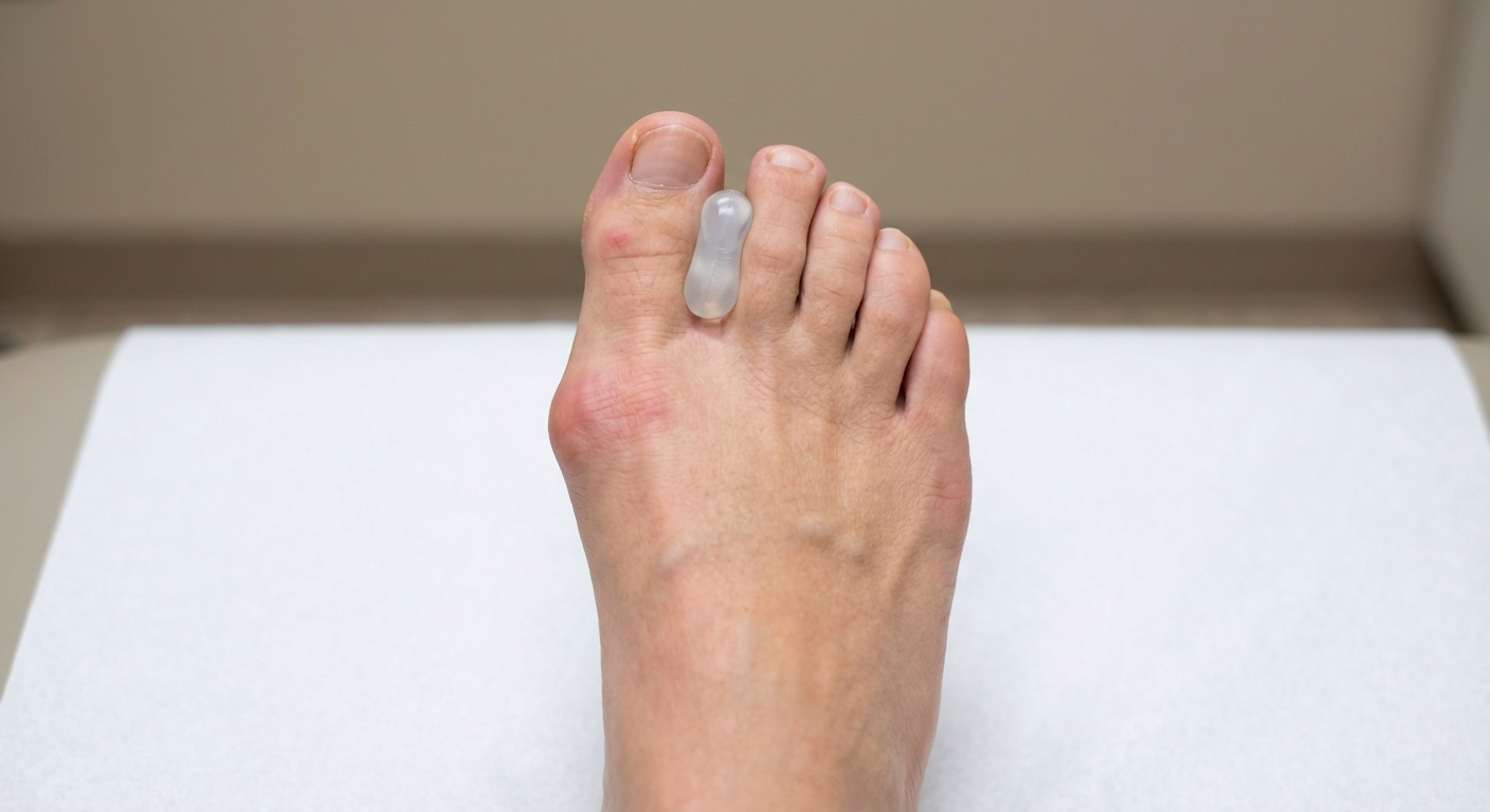 Kliiniline lähivõte jalast hallux valgusega, suure varba nuki piirkonnas silikoonist varbaeraldaja