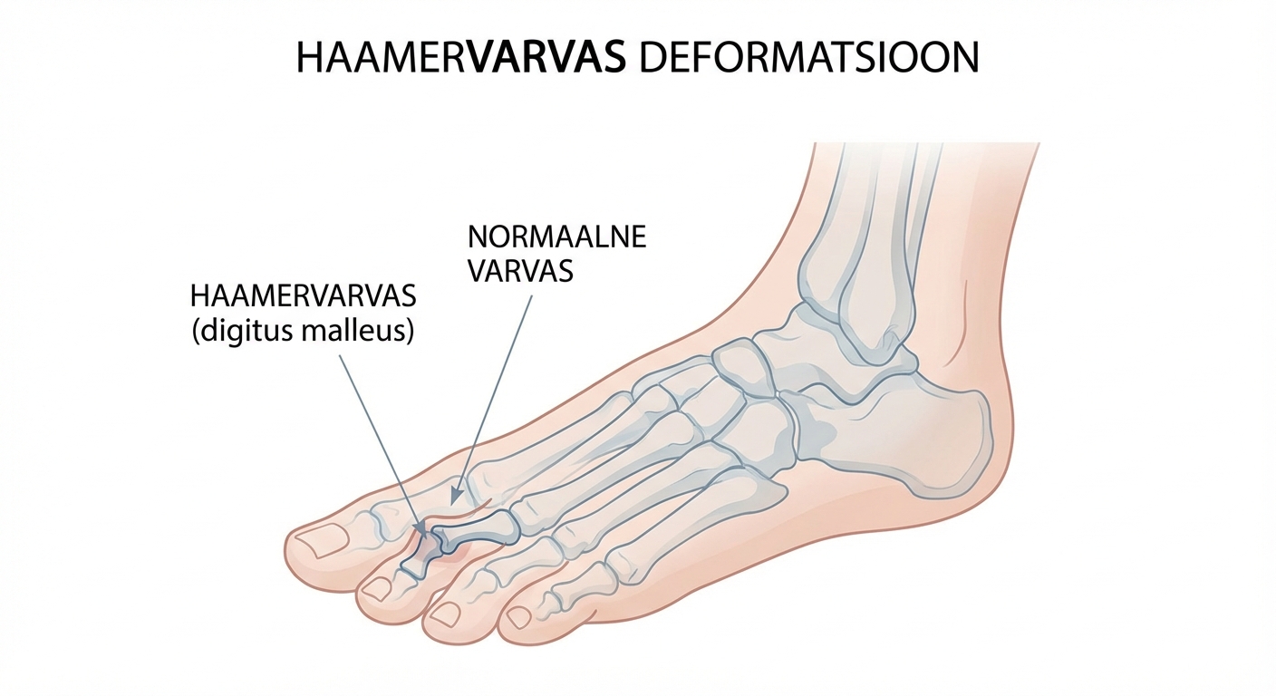 Meditsiiniline illustratsioon jalalabast, kus on võrreldud normaalset varvast ja haamervarba (digitus malleus) deformatsiooni