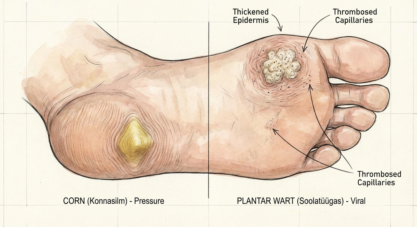 Meditsiiniline illustratsioon jalatallast, kus on kõrvuti kujutatud konnasilm ja plantaarne soolatüügas nende tüüpilise asukoha, välimuse ja tunnuslike muutustega.