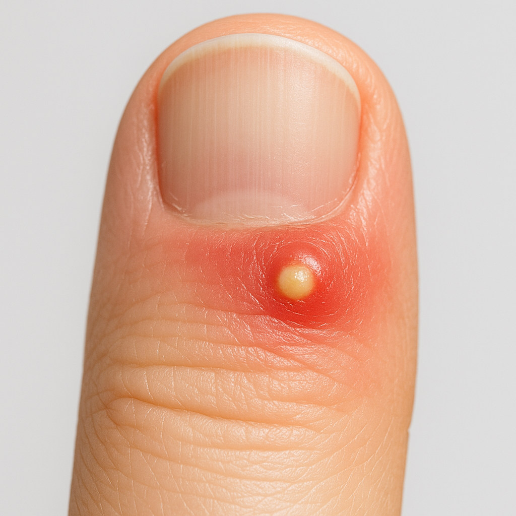 Äge küünevalli põletik (paronühhia) sõrmel – punetav ja turses küünevalli serv mädakoldiga, lähivõte