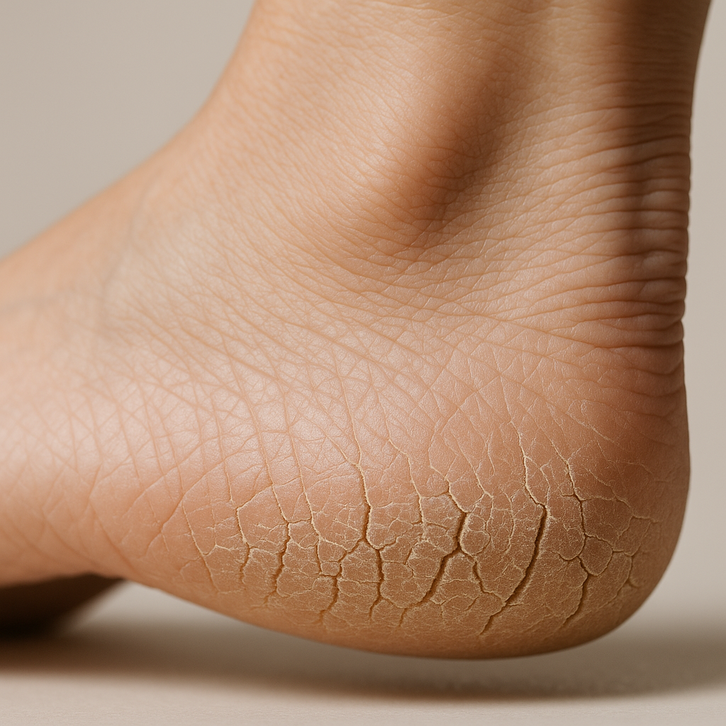 Lähedalt vaade kuiva ja pragunenud kandaga jalale, mis vajab podoloogi professionaalset jalahooldust