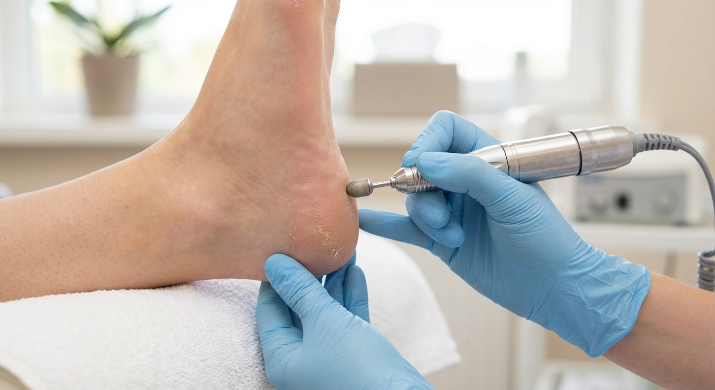 Профессиональный педикюрный кабинет, где специалист удаляет легкие ороговелости на пятке с помощью электрического аппарата для педикюра