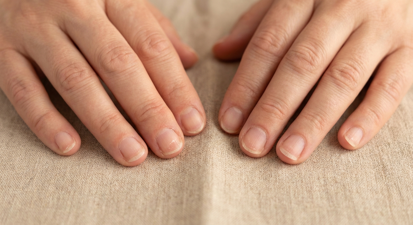 Крупный план рук взрослой женщины с короткими натуральными и слегка хрупкими ногтями, иллюстрирующий ломкость ногтей