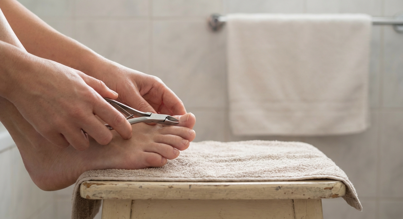 Человек правильно подстригает ногти на ногах ровно специальными кусачками в домашней ванной