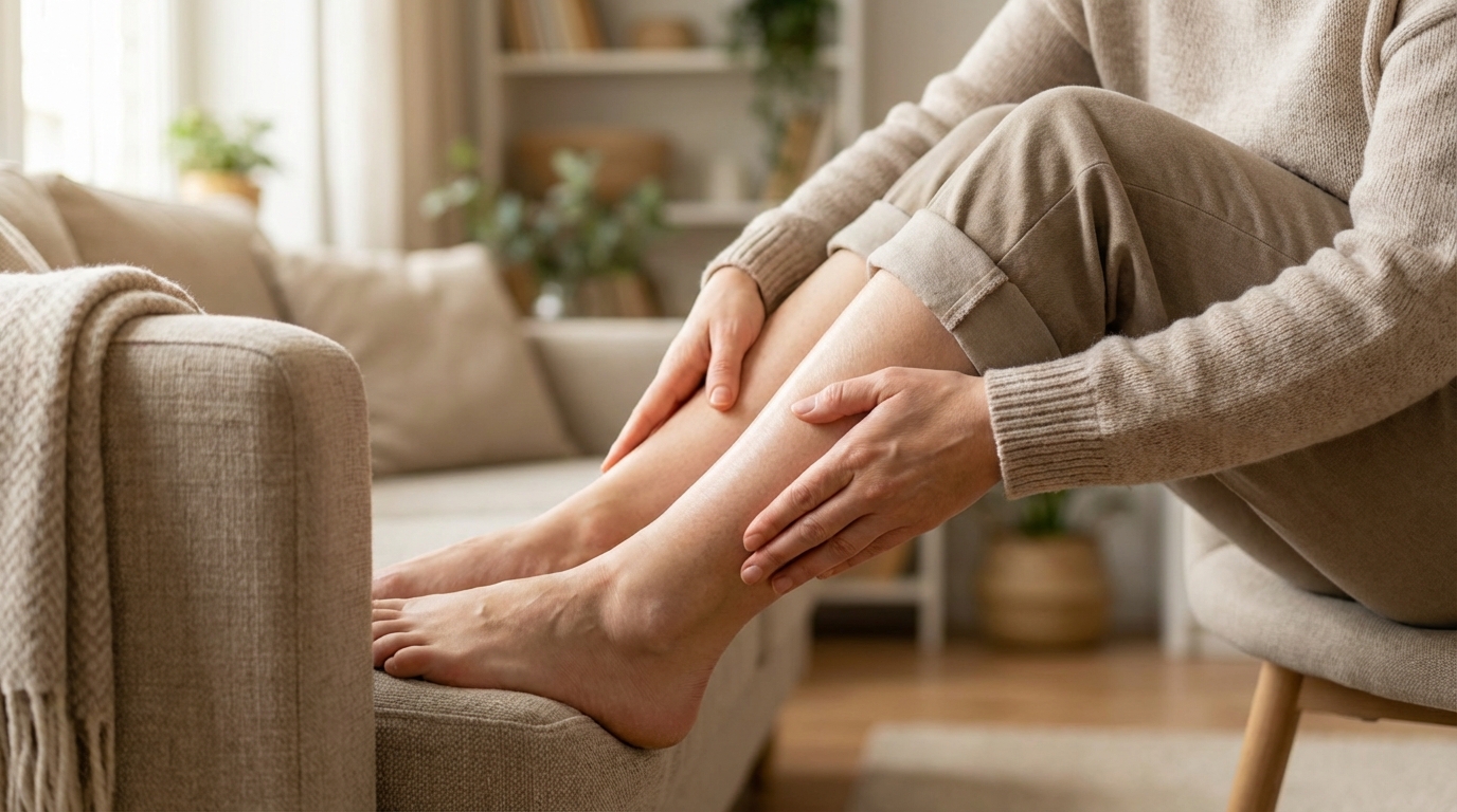 Человек сидит на диване и мягко массирует отекшие и уставшие ноги в домашней обстановке