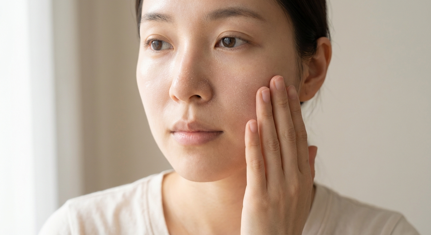 Крупный план лица молодой женщины, которая нежно касается щеки, демонстрируя слегка сухую и нуждающуюся в увлажнении кожу