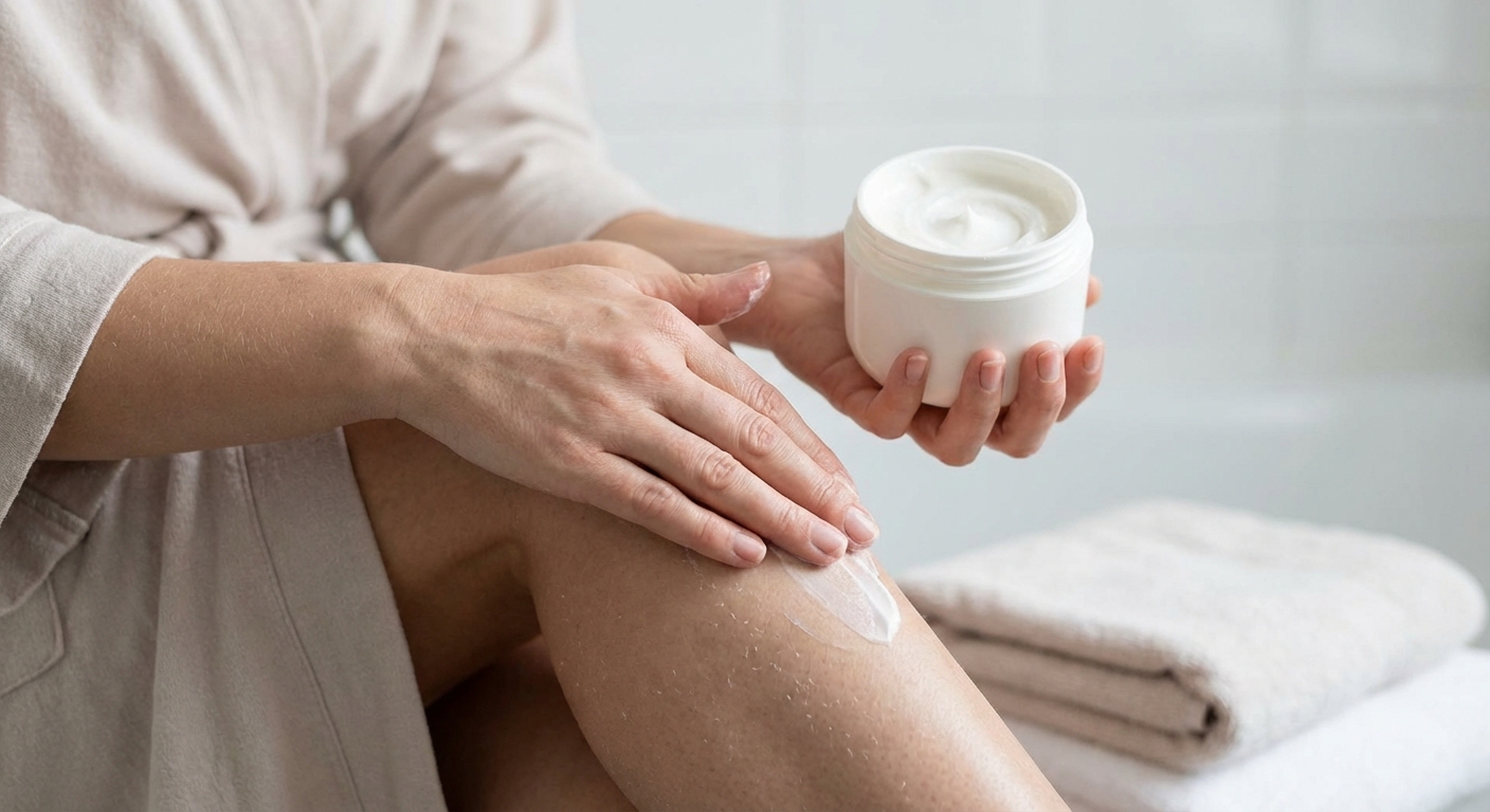 Крупный план: взрослый человек наносит нейтральный крем без бренда для ухода за слегка сухой кожей ног