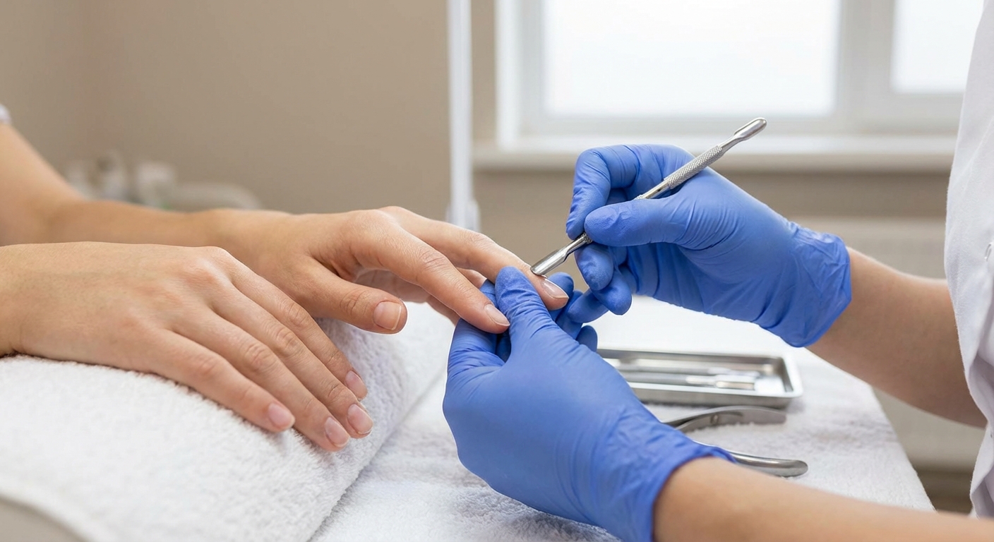 Профессиональный уход за кутикулой в салоне, где специалист аккуратно обрабатывает ухоженную кожу рук инструментом из нержавеющей стали