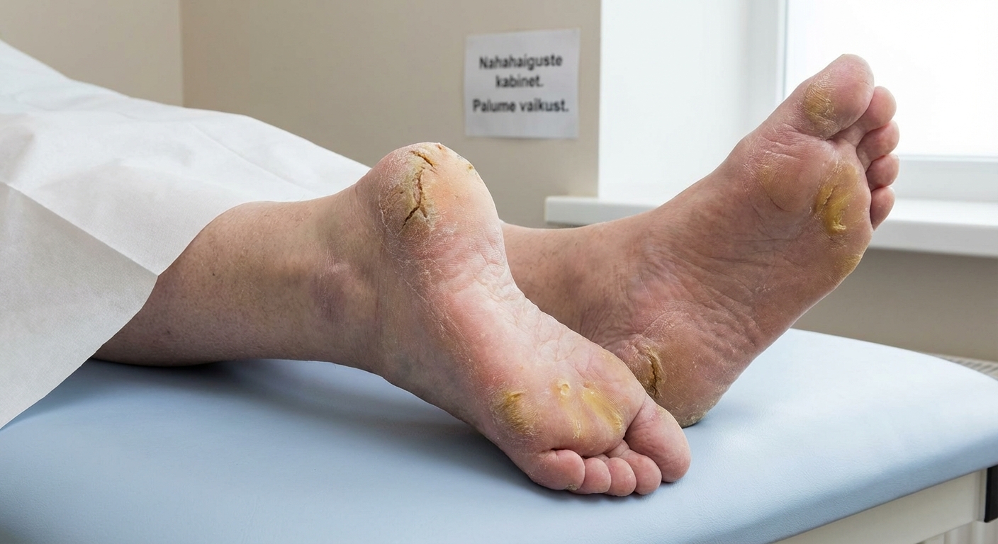 Väga kuivad lõhenenud kannad ja paksenenud tallanahk, mis vajavad tugeva uureasisaldusega kreemi hooldust