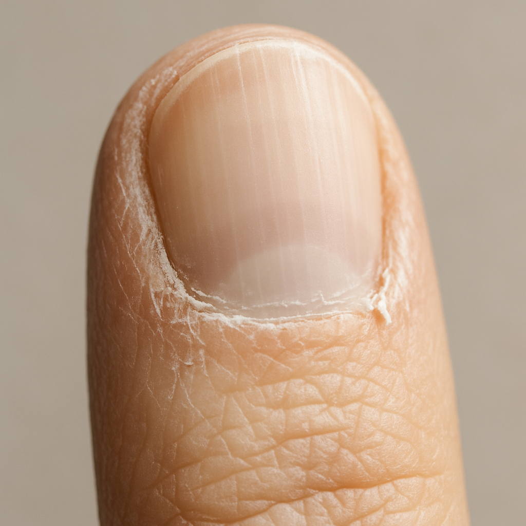 Lähivõte kuivadest küünenahkadest ja nahanäsast nimetissõrmel; ilma küünelakita.