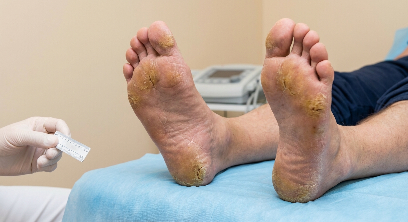 Taldade plantaarne hüperkeratoos – paksenenud ja kuiv nahk täiskasvanu jalataldadel lähipildis
